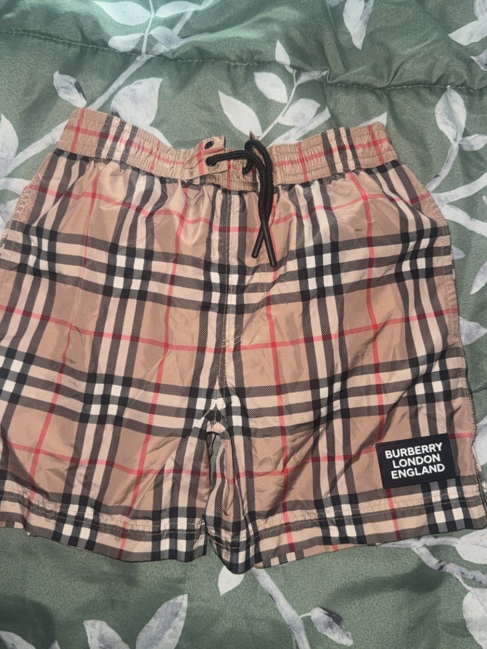 Burberry Kids Tan Plaid Swim Shorts with Black Drawstring